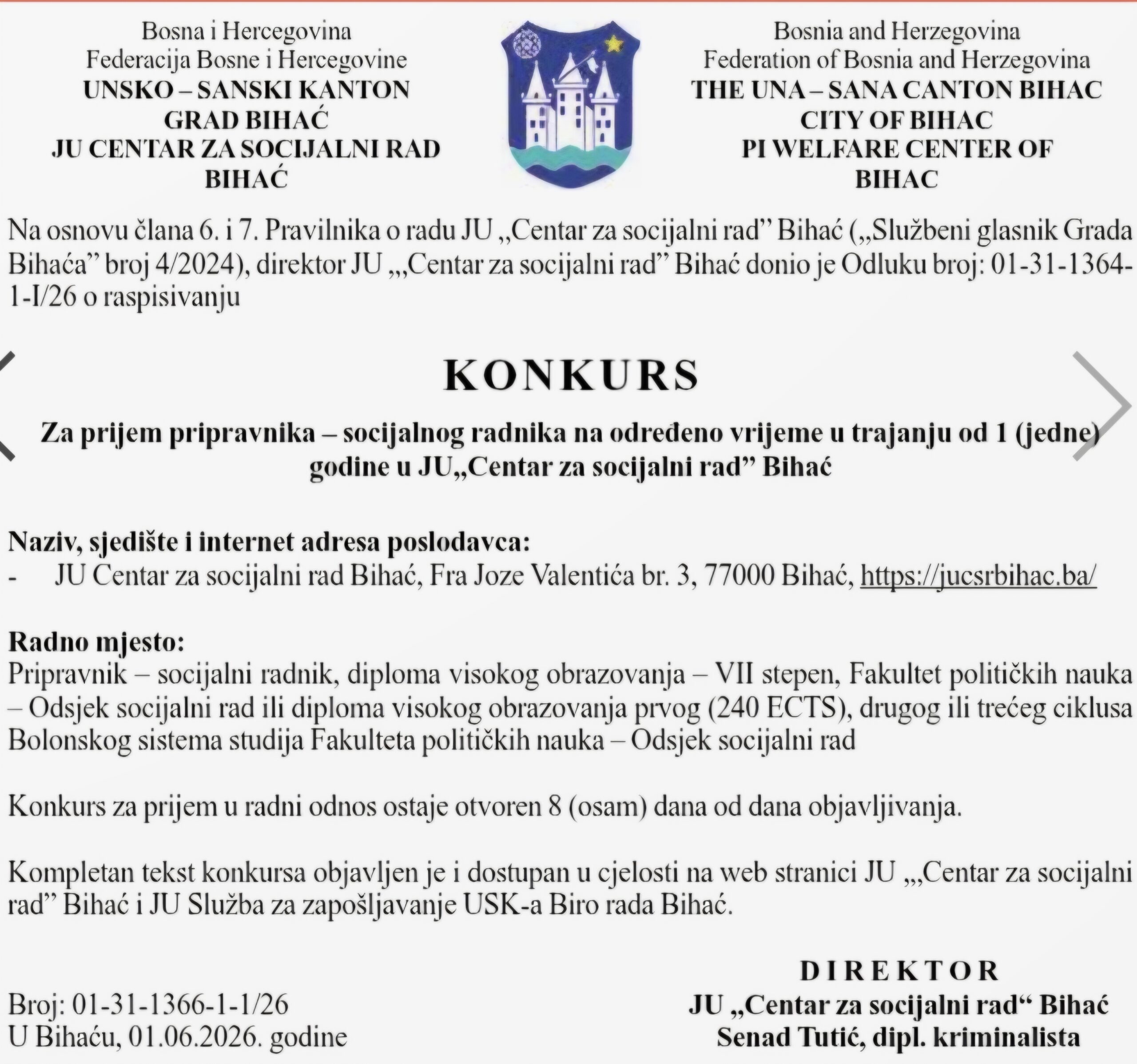 JU „Centar za socijalni rad" Bihać